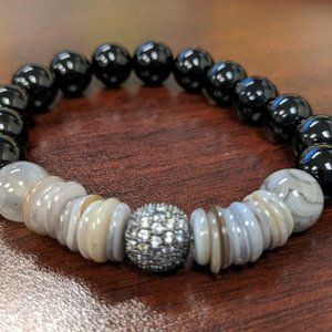 Men's Agate Black Botswana Gray Gunmetal Pave 10mm Bracelet
